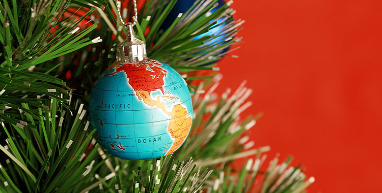Uma imagem de uma bola de Natal mostrando o mundo