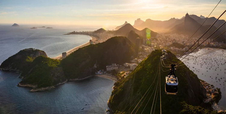 Uma fotografia aérea do Pão de açúcar, mostrando o bondinho e parte do mar no Rio de Janeiro