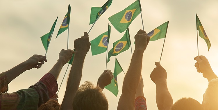 Uma imagem mostrando várias mãos segurando a bandeira do Brasil