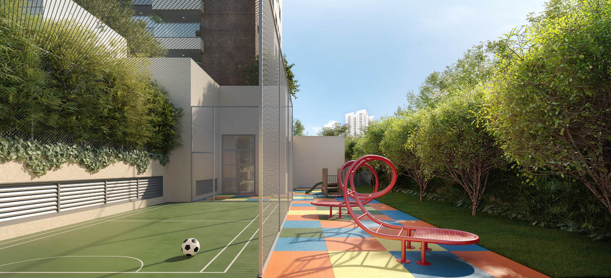 Perspectiva ilustrada da quadra recreativa e playground