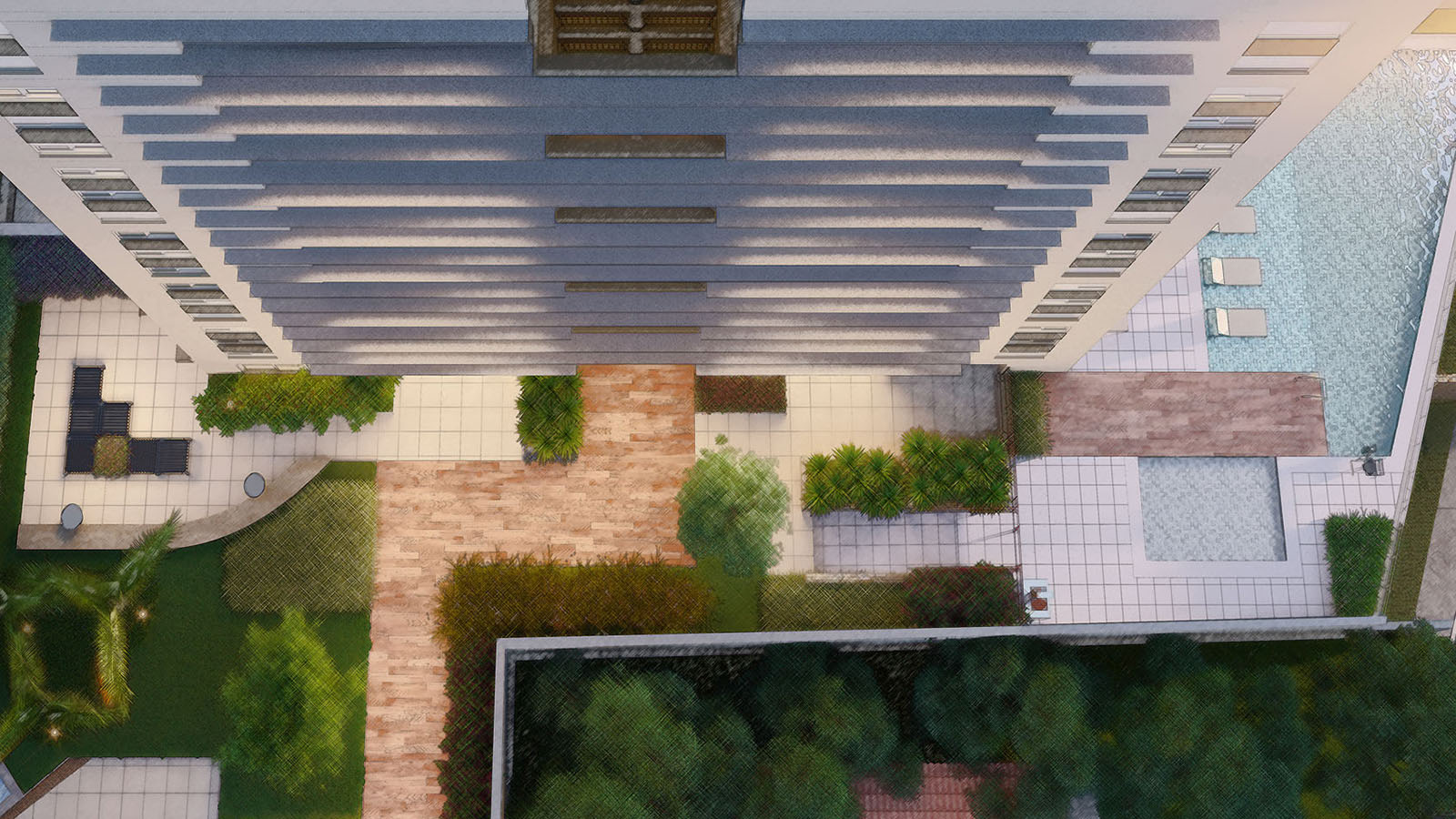 Perspectiva ilustrada do detalhe aéreo da fachada