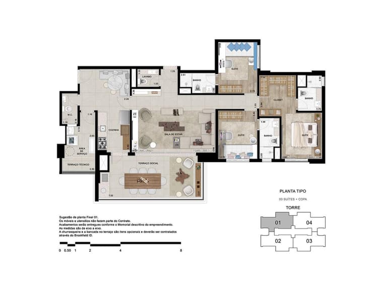 Planta tipo de 130m² priv. - 3 suítes