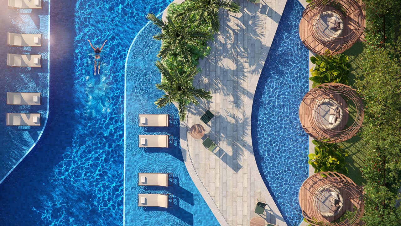 Perspectiva ilustrada da vista área da piscinas do Gaea Home Resort