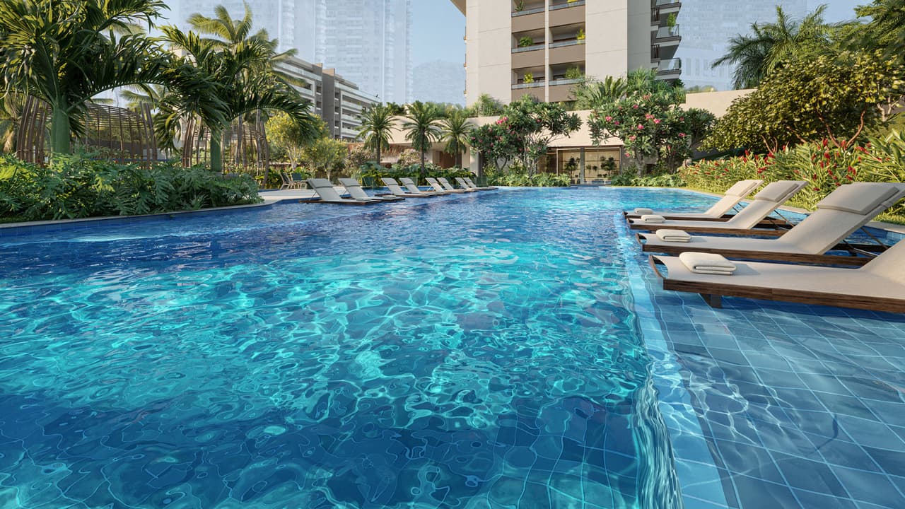 Perspectiva ilustrada da piscina com deck molhado do Gaea Home Resort
